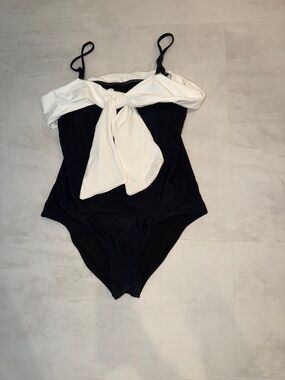Black One-Piece Swimsuit with White Front Tie bow